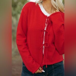 Vibrant Red Women's Cardigan with Bow Accents